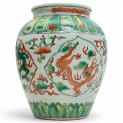 19th Chinese famille verte vase decorated with panels of dragons within a green and yellow lappet collar and foot, line of script beneath the collar 'Emperor Qi Tiaming...........' H17cm