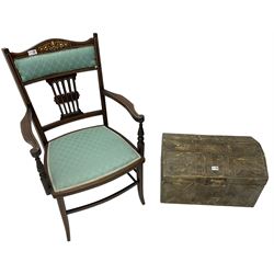 Late Victorian inlaid mahogany elbow chair(W56cm, H93cm); and a carved wooden box (W60cm)