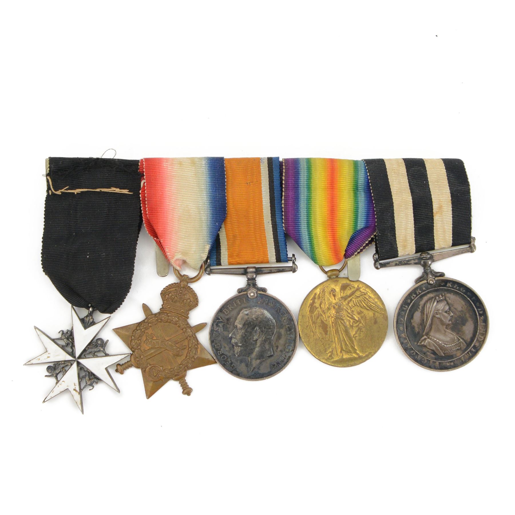 Surgeon Norman Jennings group of five medals and corresponding miniatures, comprising WWI trio; British War Medal, Victory Medal, 1914-15 Star and The Order of St. John Service Medal and Star 
During WWI Norman Jennings served as Surgeon Probationer for Royal Navy Volunteers Reserves. He went of the be the City of Hull Coroner 1935 