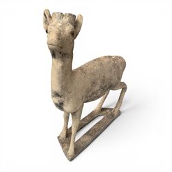 Pair of cast stone garden deer in a weathered finish with two loose antlers
