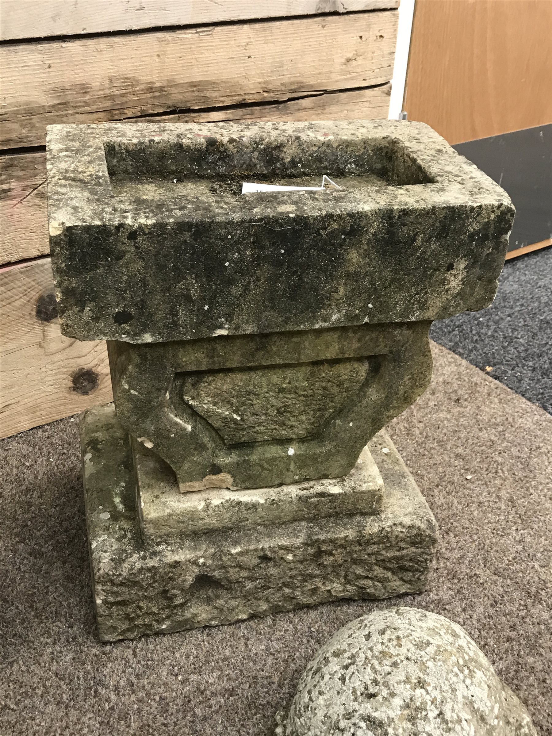 Collection of various stone and composite stone garden ornaments including; cat figure, stone two piece bird bath, Easter island head, tortoise etc.. (11)