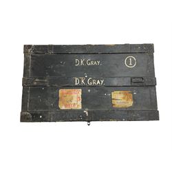 'The Marshall Improved Air & Water-Tight Chest' 1917-1933, metal bound military chest with tin liner (92cm x 53cm x 35cm), and a wooden bound canvas travel trunk (92cm x 52cm x 32cm)