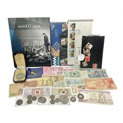 Coins, banknotes and stamps, including Queen Elizabeth II Alderney 2005 fine gold one pound coin approximately 1.24 grams, Queen Victoria 1887 shilling etc