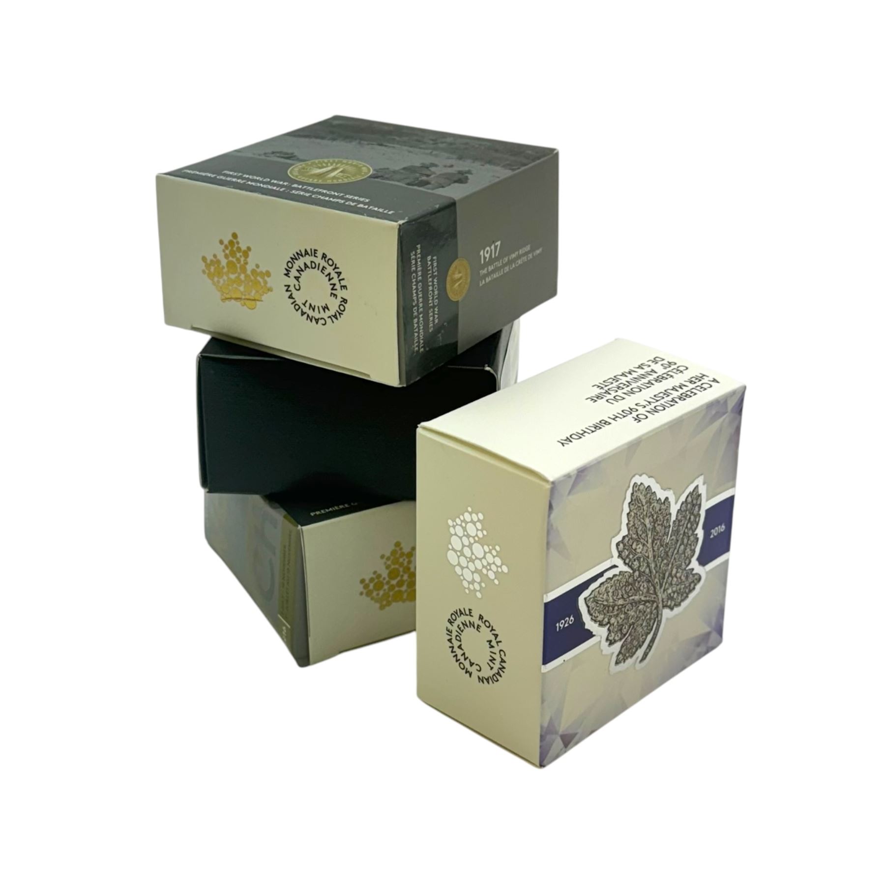 Four Royal Canadian Mint fine silver twenty dollar coins, comprising 2016 '1916 The Somme Offensive', 2016 'A Celebration of Her Majesty's 90th Birthday', 2017 '1917 The Battle of Vimy Ridge' and 2018 'The 1908 Sovereign 110th Anniversary of the Royal Canadian Mint', all cased with certificates