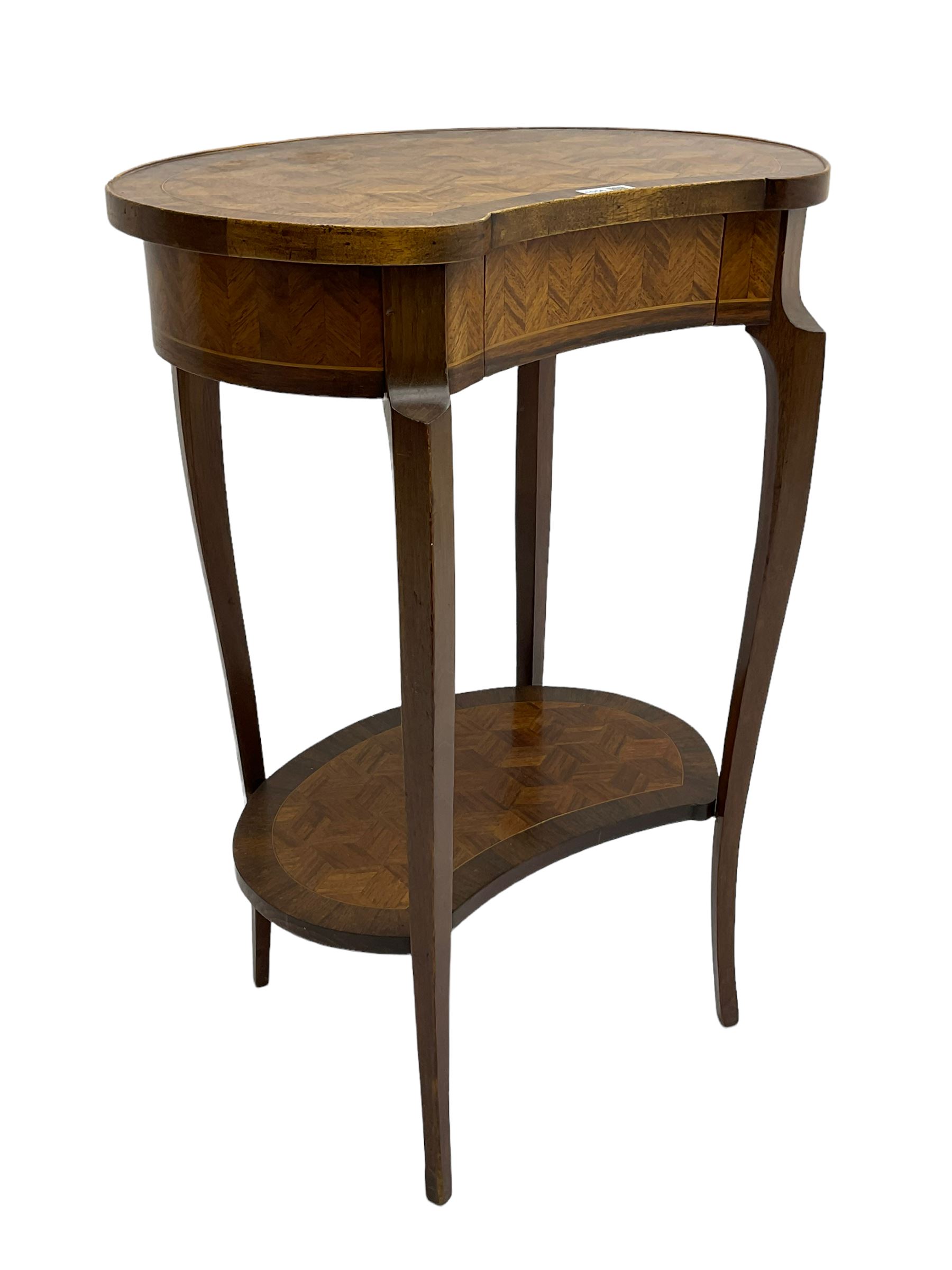 French style walnut parquetry kidney shaped table, fitted with frieze drawer, on cabriole supports united by undertier