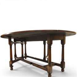 Titchmarsh & Goodwin - oak dropleaf wake table, large leaves with gateleg action, raised on turned supports united by stretchers, extends to 148cm