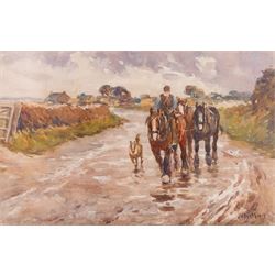 James William Booth (Staithes Group 1867-1953): Leading Horses Down a Lane, watercolour si...
