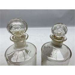 Three Victorian apothecary chemist bottles complete with labels and glass stoppers, H22cm