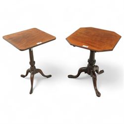 George III mahogany tripod table, square tilt-top with rounded corners, turned pedestal with twist baluster on three out-splayed supports (51cm x51cm, H71cm); together with another tripod table (63cm x 59cm, H70cm)