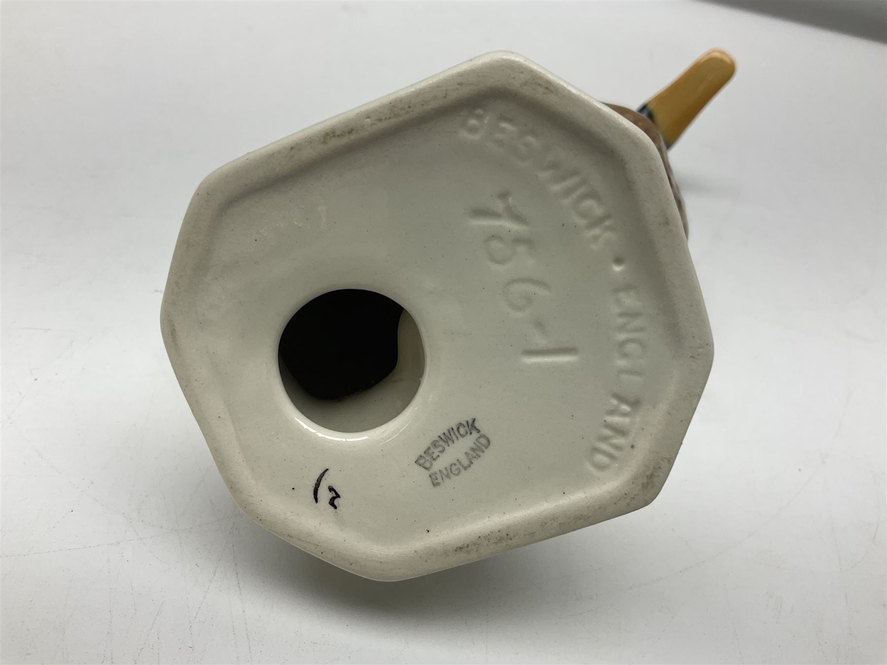 Beswick Champion of Champions Hereford bull figure no 1360, Beswick Norman Thelwell An Angel on Horseback no 2704A, and three other Beswick figures to include Arab Bay horse, Mallard and Comical Duck Family, all with printed or impressed marks beneath, largest H17.5cm