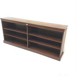 20th century mahogany open bookcase, dentil frieze, four adjustable shelves, platform base, W182cm, H78cm, D32cm