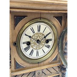 Late 19th century beech cased mantel clock, circular Roman dial, twin train driven movement striking the hours and half on bell
