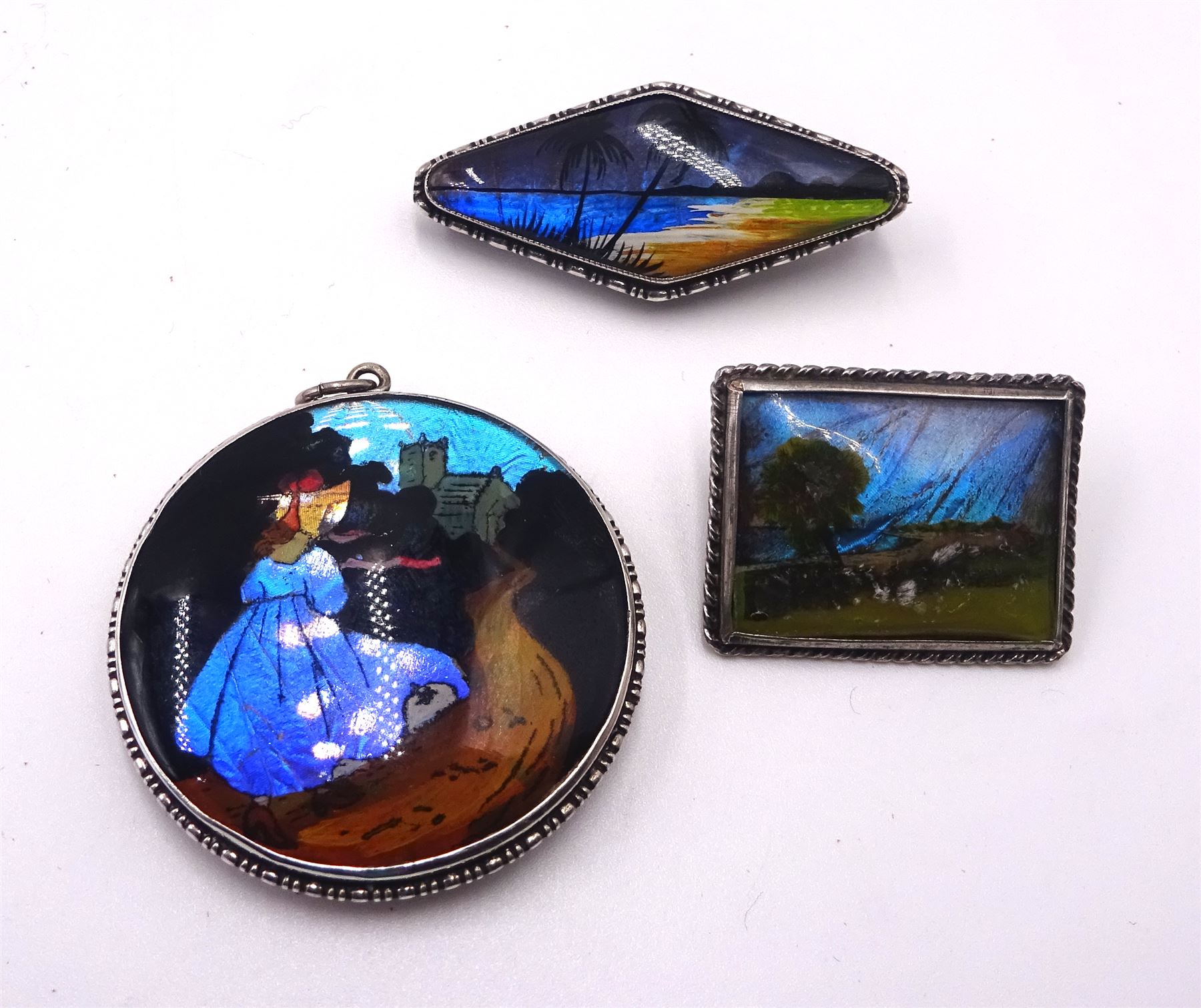 Collection of silver jewellery including butterfly wing brooch and pendant by Thomas L Mott, Art Nouveau pearl and paste pendant, marcasite, opal and amber brooches, lapis lazuli ring, pearl necklace etc and a rice pearl necklace with 9ct gold clasp 