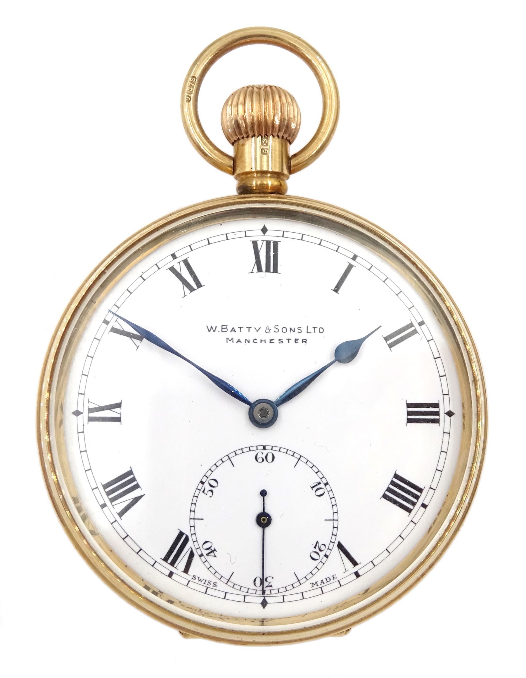 Early 20th century 9ct gold open face Swiss lever presentation pocket watch, retailed by W. Batty & Sons Ltd the inner dust cover engraved, case by Eclipse Watch Company, Birmingham 1925, in original velvet and silk lined case