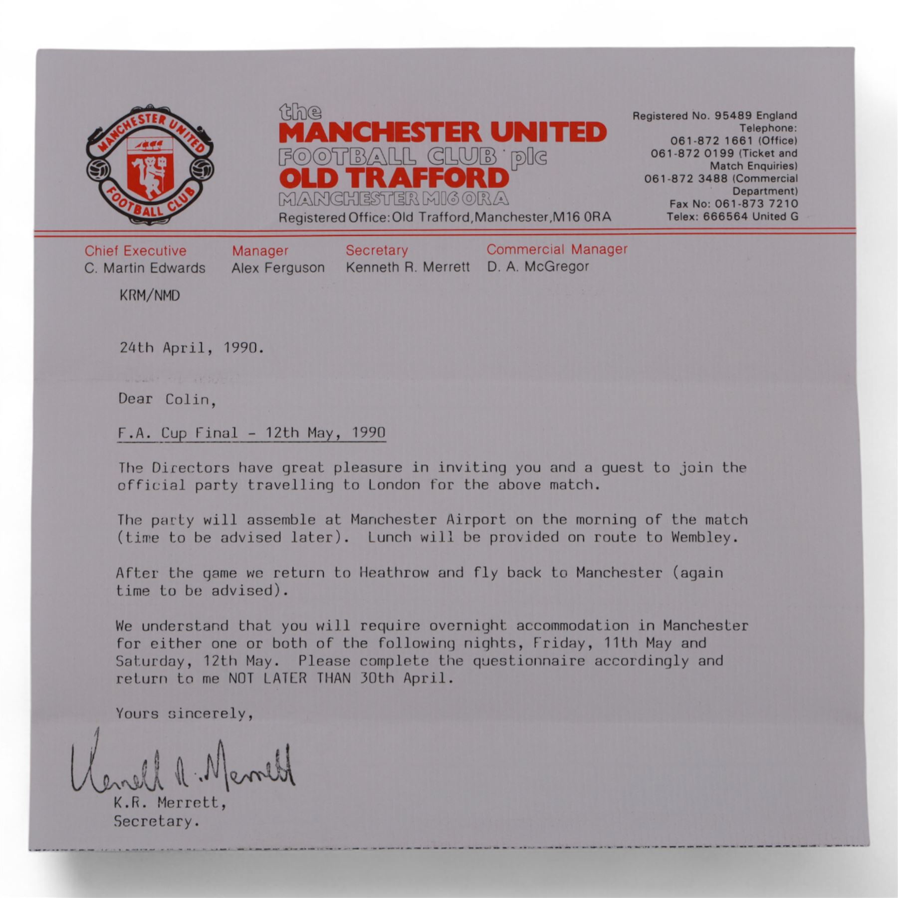 Manchester United football memorabilia relating to Colin Appleton, former Leicester City captain and Scarborough FC manager, including two letters from Manchester United club secretary Ken Merrett inviting Colin to join the official party for the European Cup Winners Cup Final between Manchester United and Barcelona, Rotterdam 1991 and the FA Cup Final 1990, two programmes for the above European cup match and three Rotterdam rosettes, ticket stubs for the 1991 Rumbelows League Cup finals and an Official Staff Party itinerary for this match, Challenge Cup Final Tie 1990 ticket stubs, three representative passes, boarding passes and plane tickets