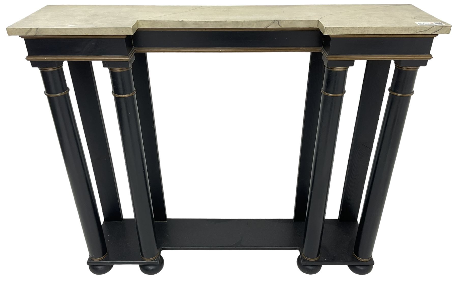 Italian design ebonised reverse-breakfront console table, painted simulated marble top over ebonised pilasters with gilt piping, platform base on compressed bun feet