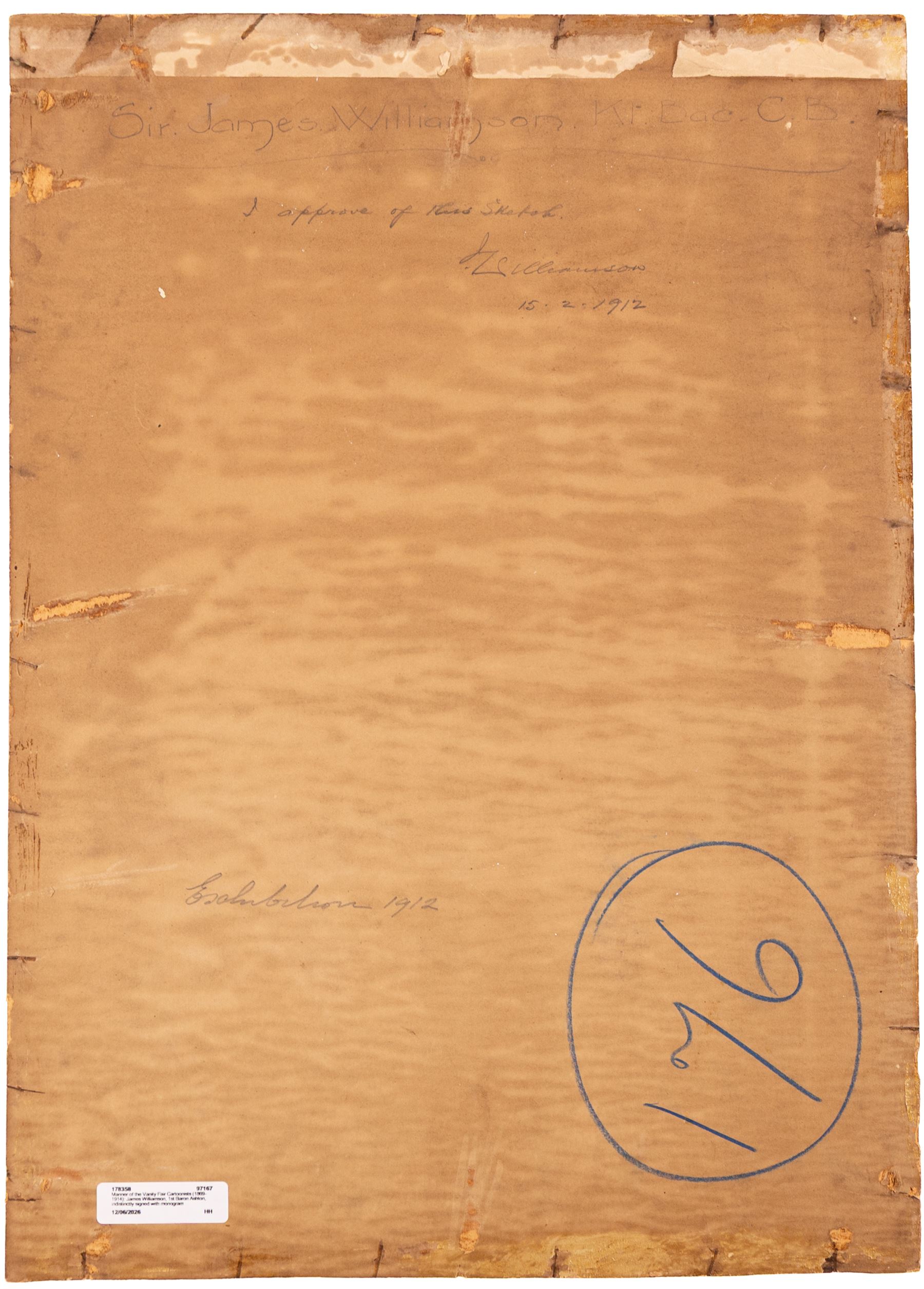Manner of the Vanity Fair Cartoonists (1869-1914): 'Sir James Williamson' -1st Baron Ashton, gouache indistinctly signed with monogram, titled verso 53cm x 38cm (unframed)
Notes: This appears to be a rare surviving depiction of Sir James Williamson, a famously private individual who was known for shunning formal portraits. Now referred to as 'The Lino King', Williamson took over his father's Lancaster business and built a monopoly on cheap cork linoleum. The Lune Mills factory would employ a quarter of the Lancaster population. Despite controversies regarding his peerage and the possible exploitation of his workforce, his philanthropy and patronage given towards local causes has been highly celebrated. 