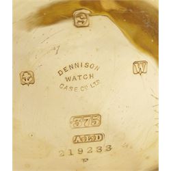 Early 20th century 9ct gold open face 'Tempus Fugit' keyless lever pocket watch by Thomas Russell & Sons, Liverpool, No. 33820, white enamel dial with Roman numeral hour markers and subsidiary seconds dial, case by Dennison, Birmingham  1921