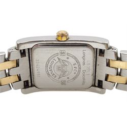 Longines DolceVita ladies stainless steel and gold quartz wristwatch, Ref. L5.155.5, mother of pearl dial with diamond hour markers and diamond set heart and 12 o'clock