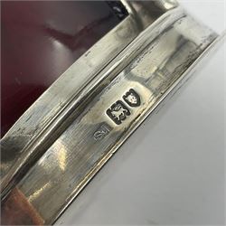 Early 20th century silver novelty inkwell, modelled as a ship's port lantern, with swing handle, convex red glass panel and hinged cover opening to reveal a glass liner, hallmarked Samuel Jacob, London 1911, height not including handle H8.5cm