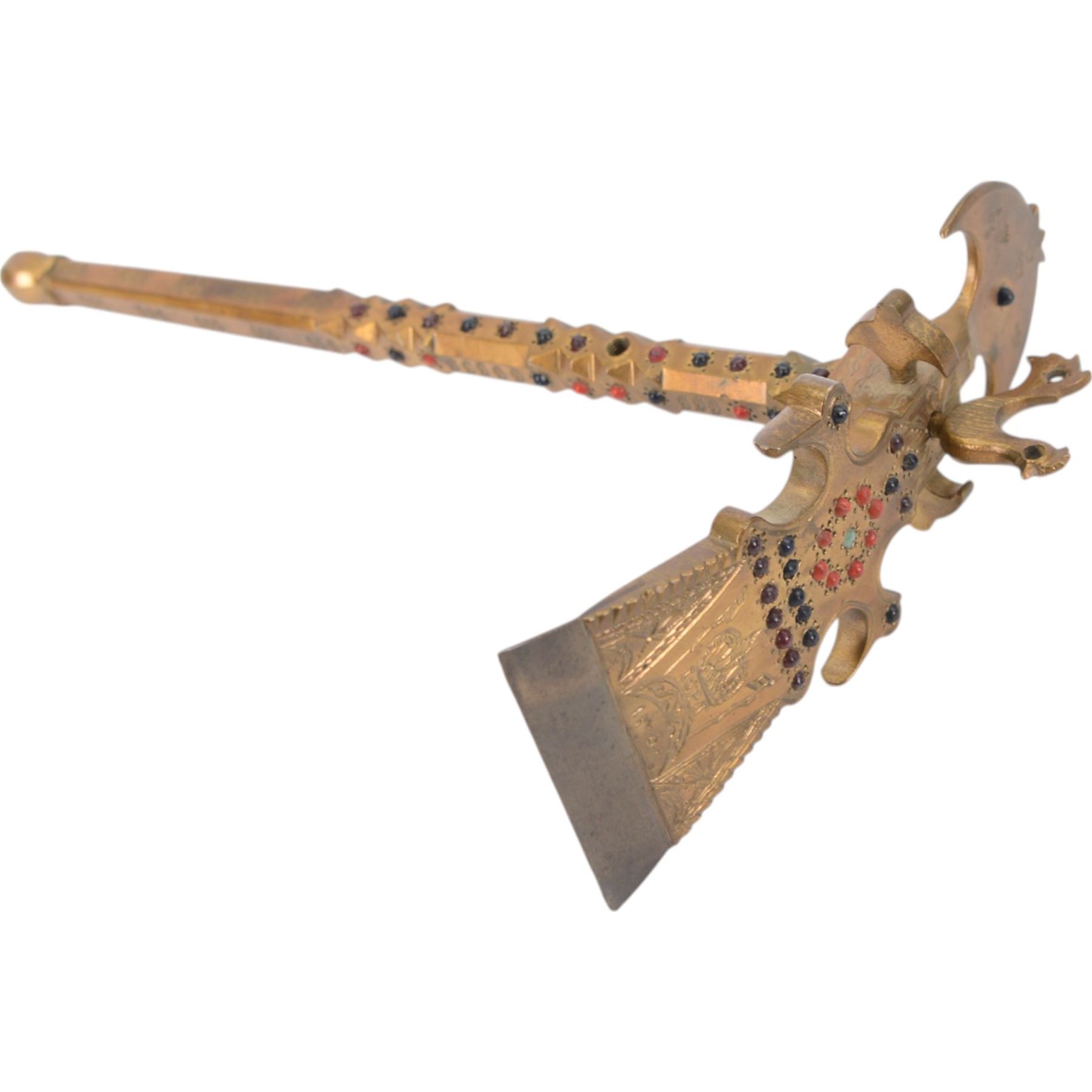  Persian sugar salt axe, decorated with coloured cabochons and cockerel finial and Persian Bulova or Tongi steel-bladed axe with wooden handle 