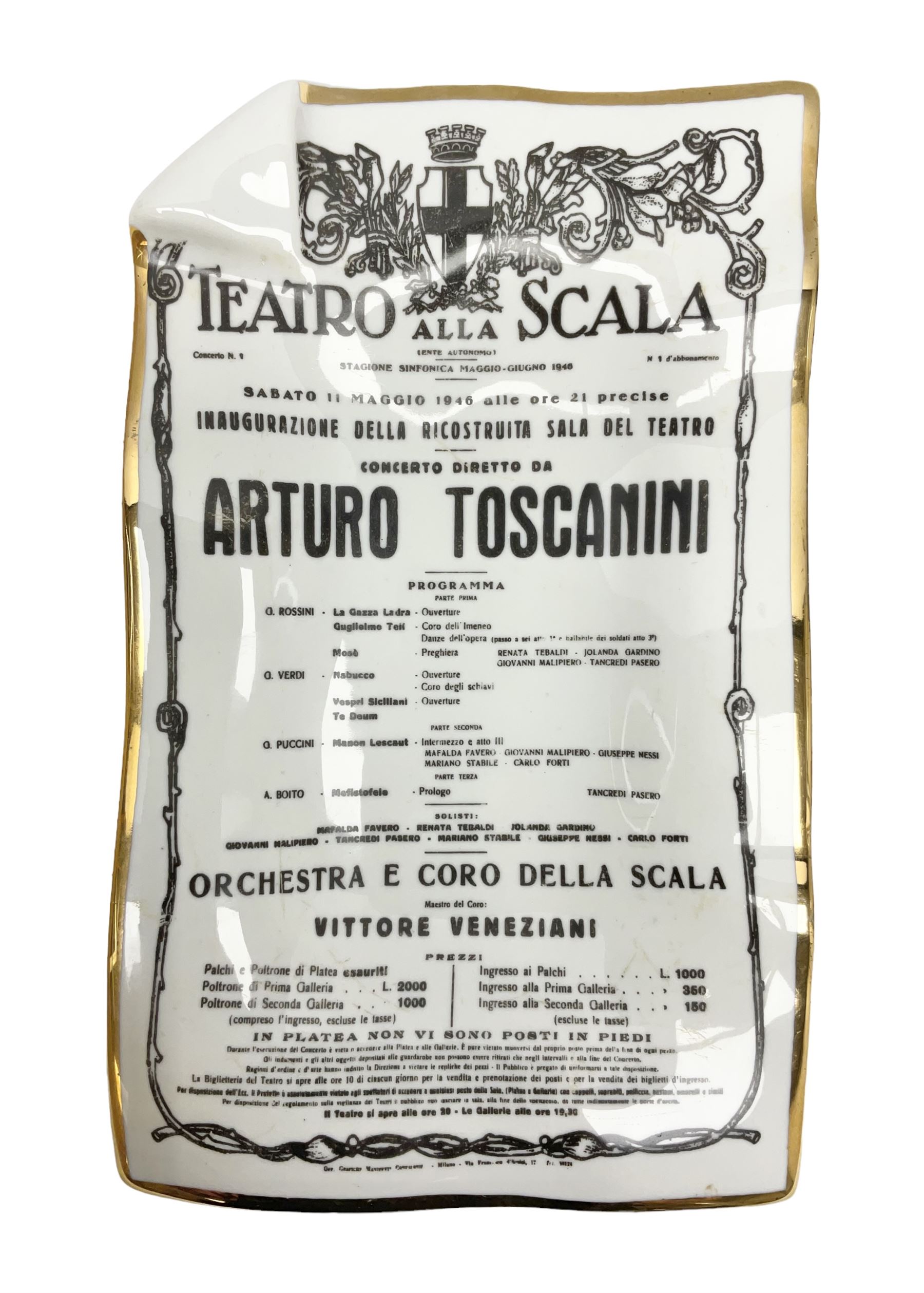 Fornasetti rectangular 'Toscanni's Concert' poster ashtray decorated with black and white text with a gilt border edge, with printed mark beneath, H22cm 