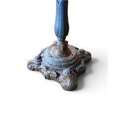 Victorian revival ornate cast iron garden table, pierced square top, pedestal base, finished in distressed blue paint