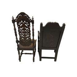 19th century Carolean style hall chair, the back carved and pierced with scrolls and flower heads (H128cm), and a late 19th century Wainscot type armchair, the panelled back carved with arcade and scrolling foliate (H113cm)