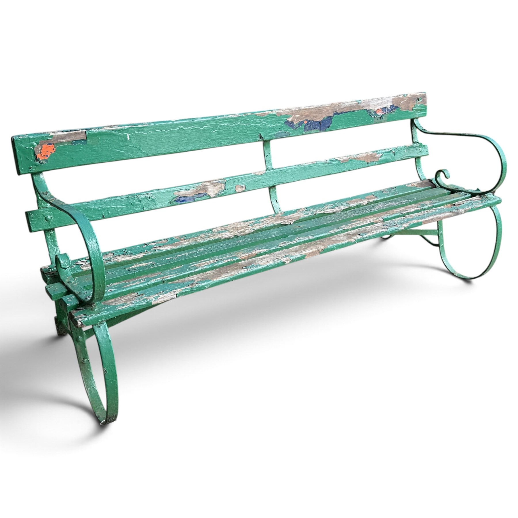Antique Regency design green-painted wrought iron and slatted garden bench, the scrolled loop-form strapwork end supports fitted with a slatted timber back and seat