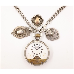  Hebdomas Swiss 8 days silver pocket watch London 1913 import marks on silver Albert chain with three silver medals all hallmarked  
