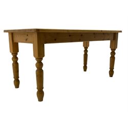 Rectangular pine farmhouse style dining table, on turned supports