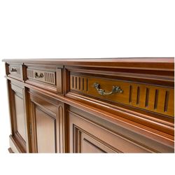 Contemporary cherry wood sideboard, rectangular moulded top over three drawers and three cupboards