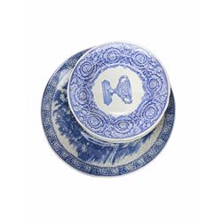 Six Spode Blue Room plates, D23cm, together with a blue and white crackle glaze effect plate, decorated with figures before a building, D32cm.