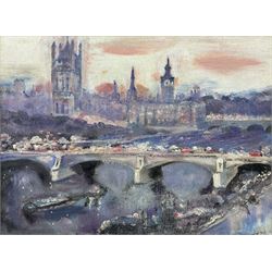 Circle of Walter John Beauvais (British 1942-1998): Houses of Parliament, oil on canvas board indistinctly signed 29cm x 39cm