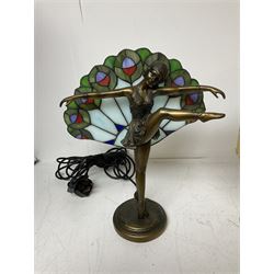 Art Deco Tiffany style table lamp, modelled as a dancer with a fan shaped shade, together with another table lamp with mottled glass and tassel shade, tallest H41cm