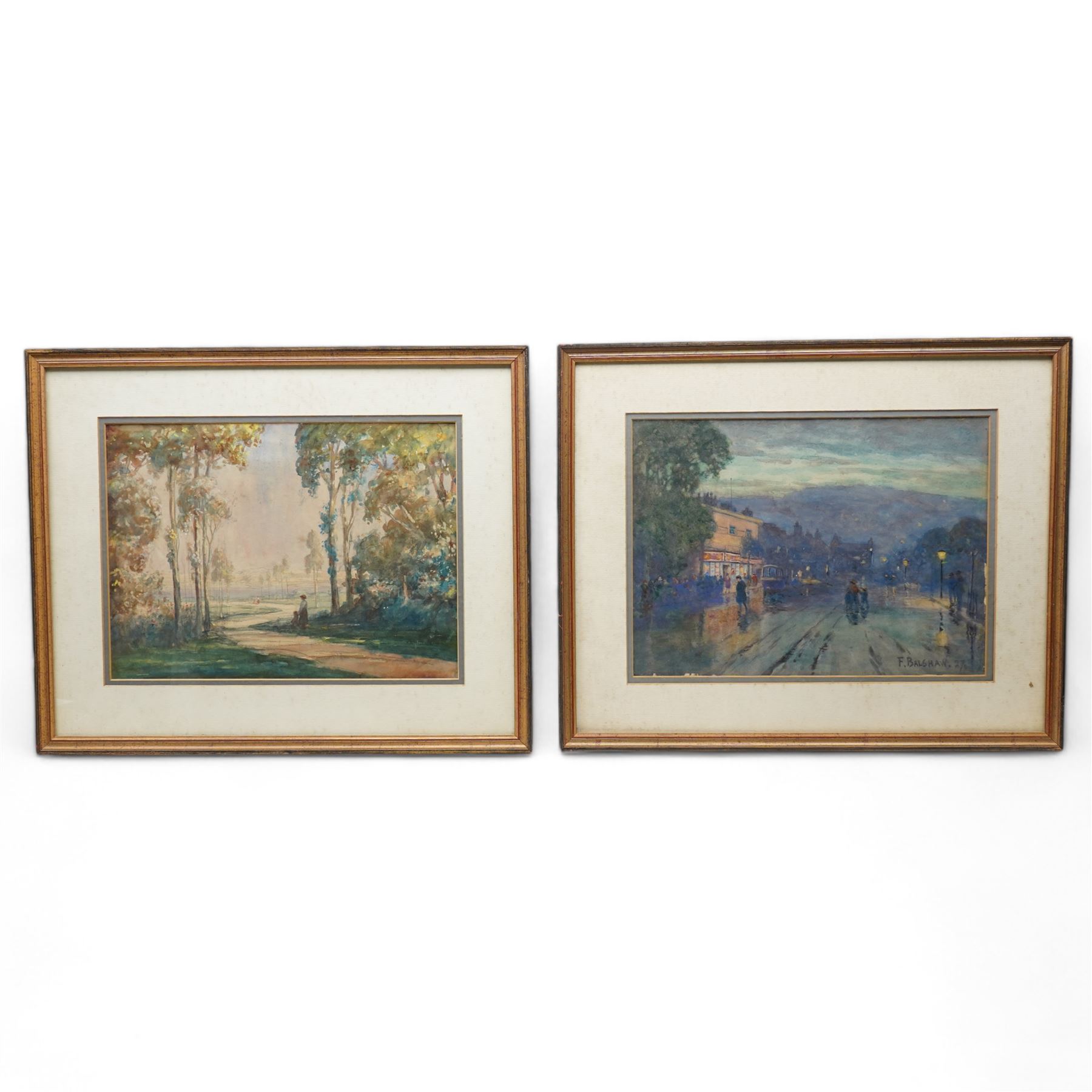 Florence Balshaw (British 1863-1942): Northern Town at Nightfall and The Avenue', pair watercolours the former signed and dated '27, the latter inscribed verso 28cm x 38cm (2)
