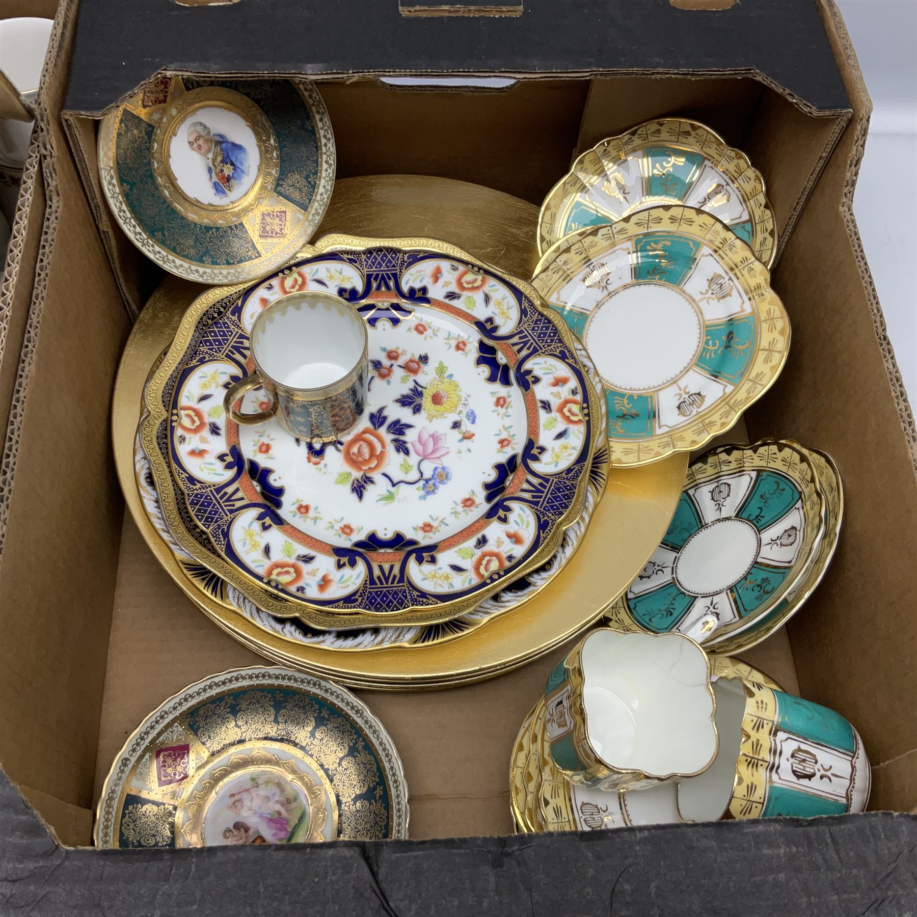 Quantity of Victorian and later ceramics to include Royal Kent 'Golden Glory' pattern tea service, imari pattern bowls, vases, plates etc in two boxes