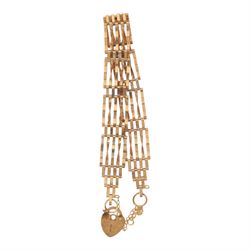 9ct gold five bar gate bracelet, with heart clasp, hallmarked