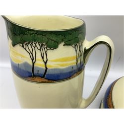 1930's Art Deco Royal Doulton ceramics decorated with stylised trees, comprising washbowl and jug, soap dish and vase