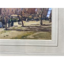 George Graham (British 1881-1941): Promenade in France, watercolour signed and dated 1914, 16cm x 34cm