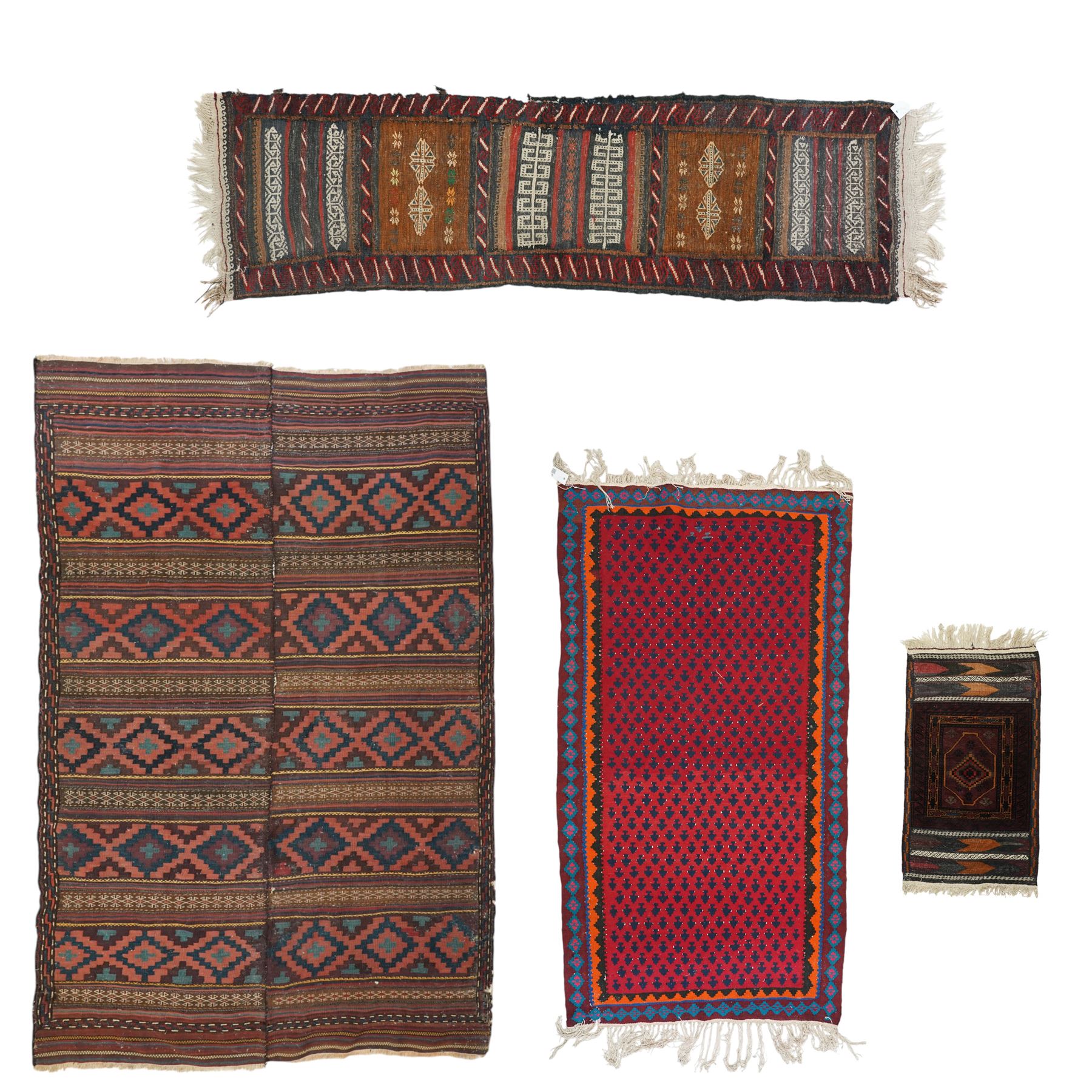Group of four late 20th century wool kilim rugs, comprising a narrow tribal runner with stylised tree motifs and hooked guard bands (H 180cm, W 56cm), a lozenge medallion rug with decorative striped ends (H 125cm, W 75cm), a red and blue kilim with trefoil repeat field and multicoloured border bands (H 187cm, W 98cm), and a wide horizontal striped example with alternating lozenge and linear motif rows (H 260cm, W 173cm)