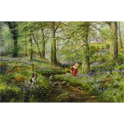 William (Bill) R Makinson (British Contemporary): 'Jodie and Bluebells', oil on canvas signed, titled verso 49cm x 75cm  