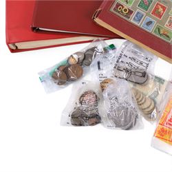 Great British and World coins and stamps, including commemorative two pound and fifty pences, commemorative crowns, loose stamps, etc, in one box