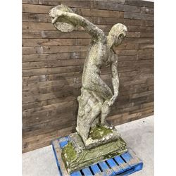 Life-size weathered cast stone Greek Discus Athlete, seated on rectangular slab raised on associated architectural plinth