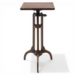 Edwardian inlaid adjustable music stand, with central shelf motif, folding sheet music holder, raised on an adjustable column above three splayed supports 