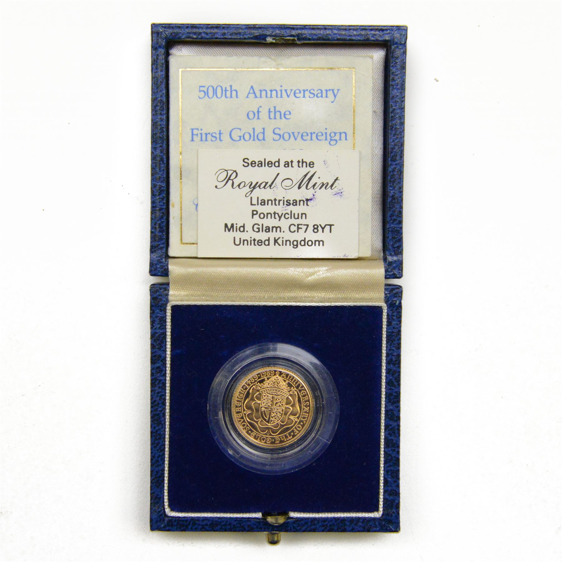 Queen Elizabeth II 1989 '500th Anniversary of the First Gold Sovereign' gold proof half sovereign coin, cased with certificate