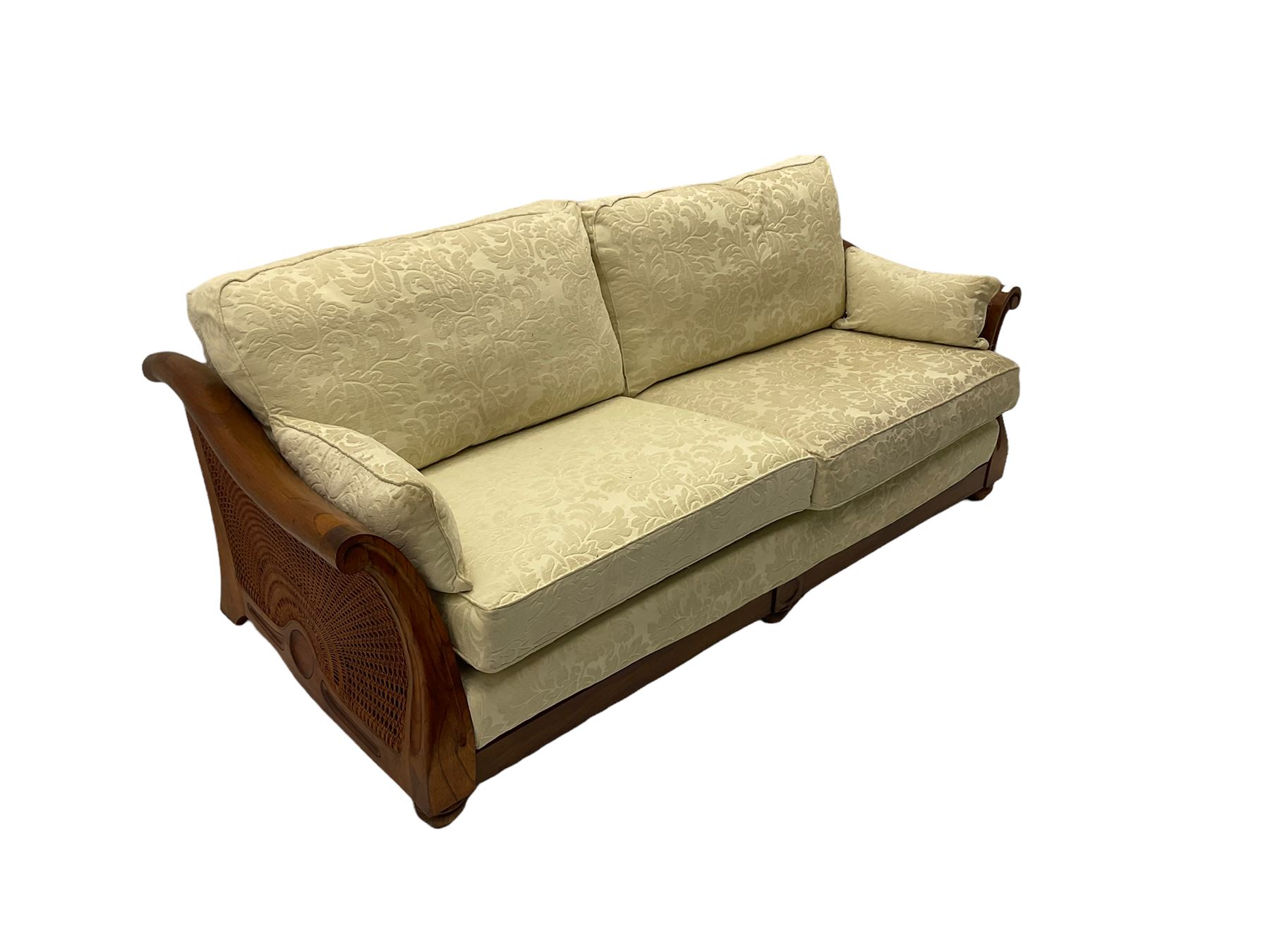 Multi-York - Hardwood framed bergère lounge suite, three seat sofa (W204cm), and pair matching armchairs (W90cm), upholstered in cream floral pattern fabric 