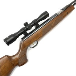 Weirauch HW97K .22 air rifle with under lever action, chequered pistol grip and fore-end, fitted integral moderator and Hawke Sport HD 4x32 scope L102cm overall; in camo style gun slip case with quantity of targets and metal target holder