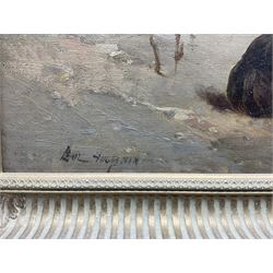Paul Huguenin Virchaux (Swiss 1870-1919): Fishergirls on the Shore, pair oils on canvas signed 34cm x 64cm (2)