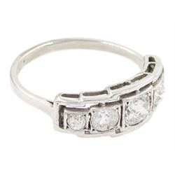 Art Deco white gold diamond ring, five milgrain set graduating old cut diamonds, in a square openwork setting, stamped 18ct, total diamond weight approx 0.80 carat